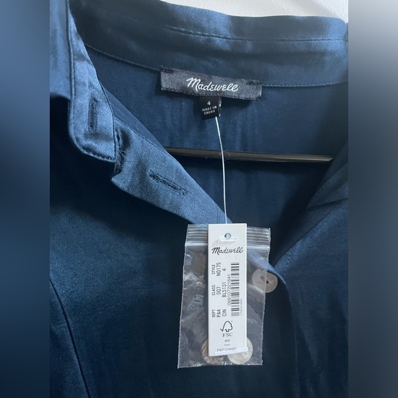NWT Madewell Shirt Dress Size 4 Indigo Blue Midi Satin Button Front with Slits - Picture 9 of 9